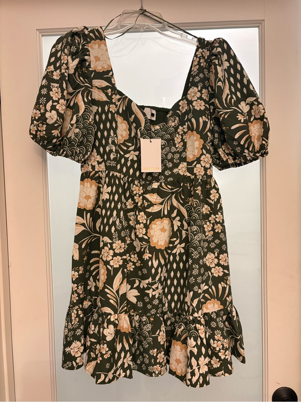 Sugarlips Olive Green Floral Mini Dress with Cream Print